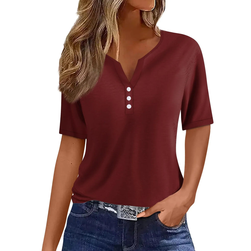 Women Summer Trendy Simple Casual Fashion Button T Shirt V Neck Short Sleeve Solid Loose Pullover Tops Plus Size Ropa De Mujer Oasis Select