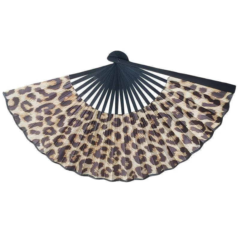 Elegant Leopard Print Folding Fan with Black Frame - Stylish Princess Theme, Lightweight & Portable for Women Oasis Select