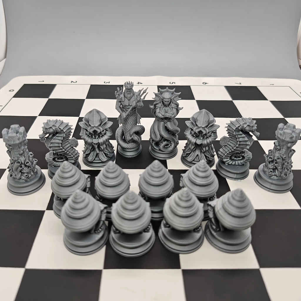 16PCS Ocean Myth Chess Figurines 3D Printed Deep Sea Theme Chess Set Coral Sculpture Tabletop Game Decor Desk Art Ornament Oasis Select Gray