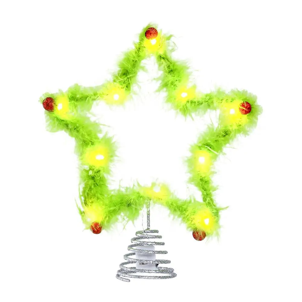 Christmas Fuzzy Grinch Star Tree Topper Iron Green Plush Holiday Festive Creative Home Party Decor Ornament Oasis Select with light