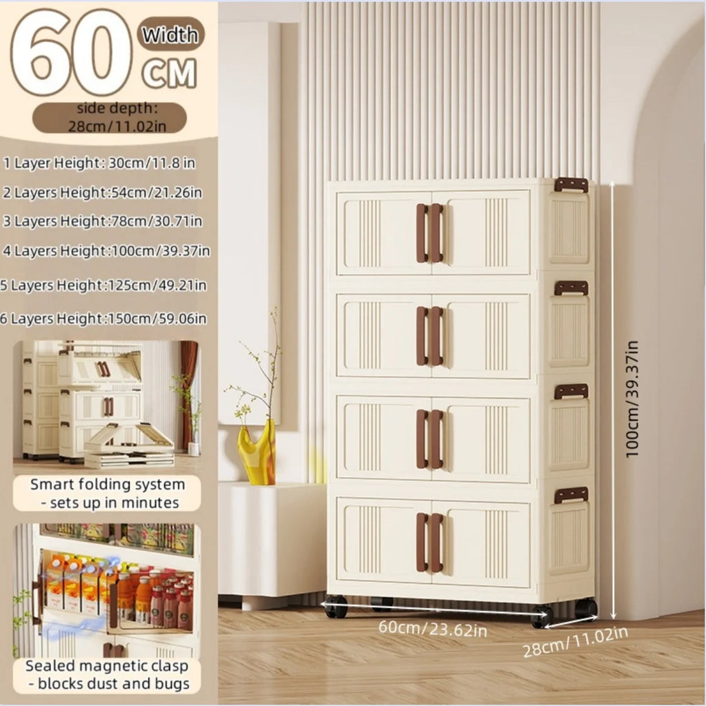 Foldable storage cabinet - movable multi-level double-door storage cabinet - living room and kitchen transparent storage box Oasis Select 4 Tier Cream