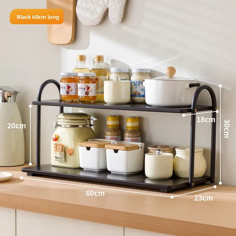 Double-layer kitchen seasoning rack rack household seasoning salt tank multi-functional multi-layer storage rack Oasis Select Black 60 long
