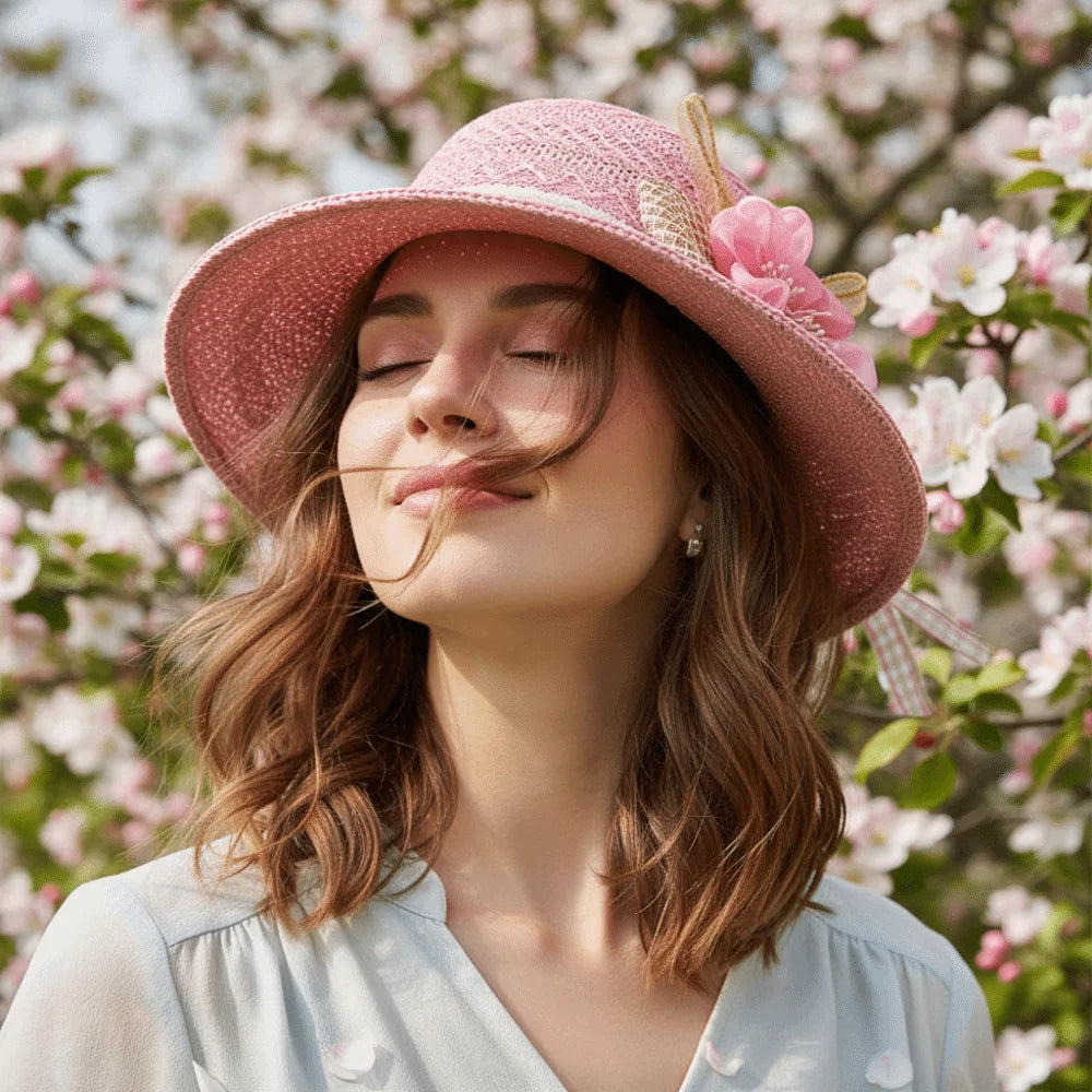 Women Fashion Wide Brim Straw Hat Bow Flowers Sun Protection Sun Hat Leisure Foldable Sunscreen Beach Hat Women Oasis Select