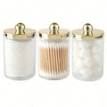Cotton Swab Ball Pad Holder, Plastic Organizer with Lid, 10 oz Cotton Swab Apothecary Jar, Clear Organizer, Cosmetic Organizer, Oasis Select gold 3pcs