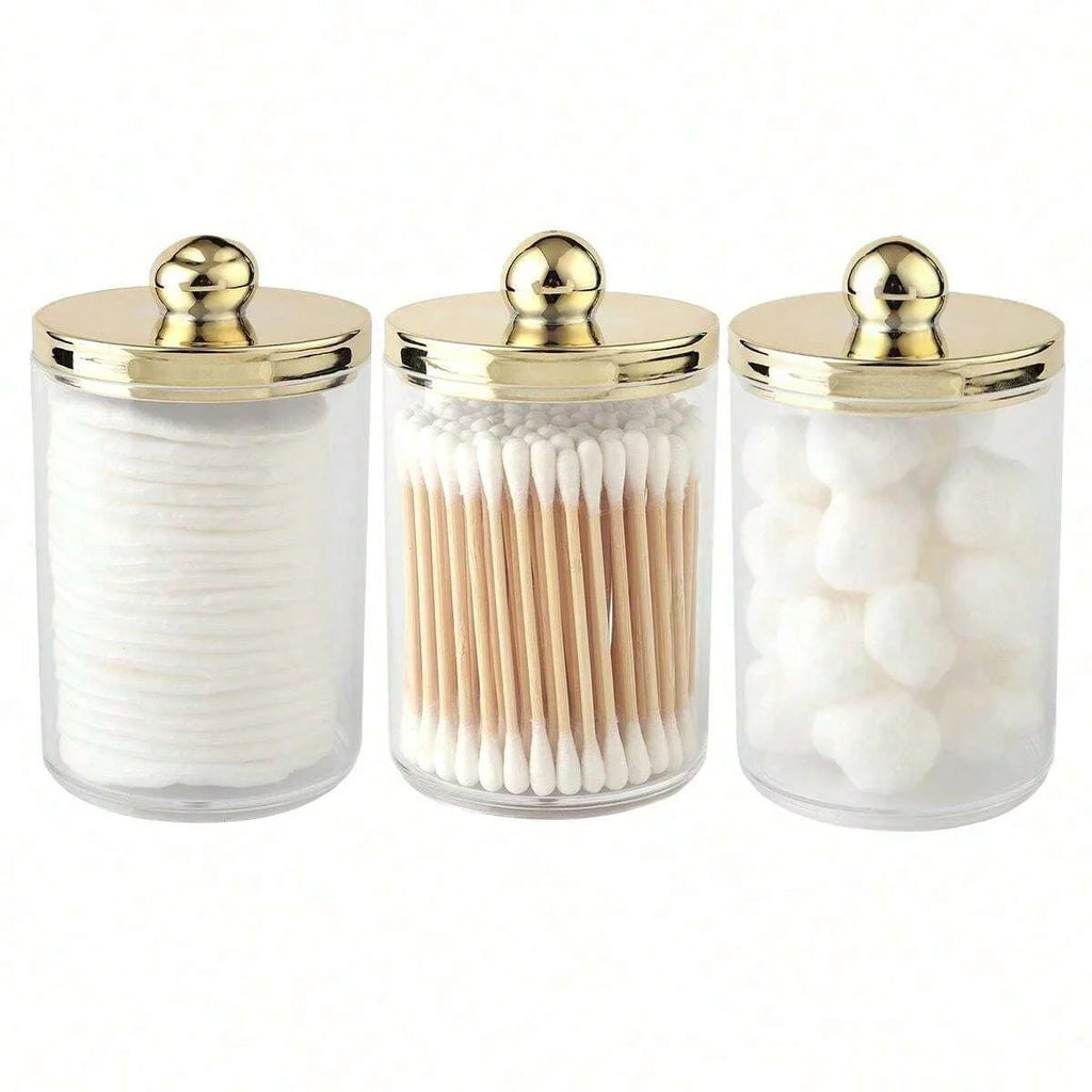 Cotton Swab Ball Pad Holder, Plastic Organizer with Lid, 10 oz Cotton Swab Apothecary Jar, Clear Organizer, Cosmetic Organizer, Oasis Select gold 3pcs