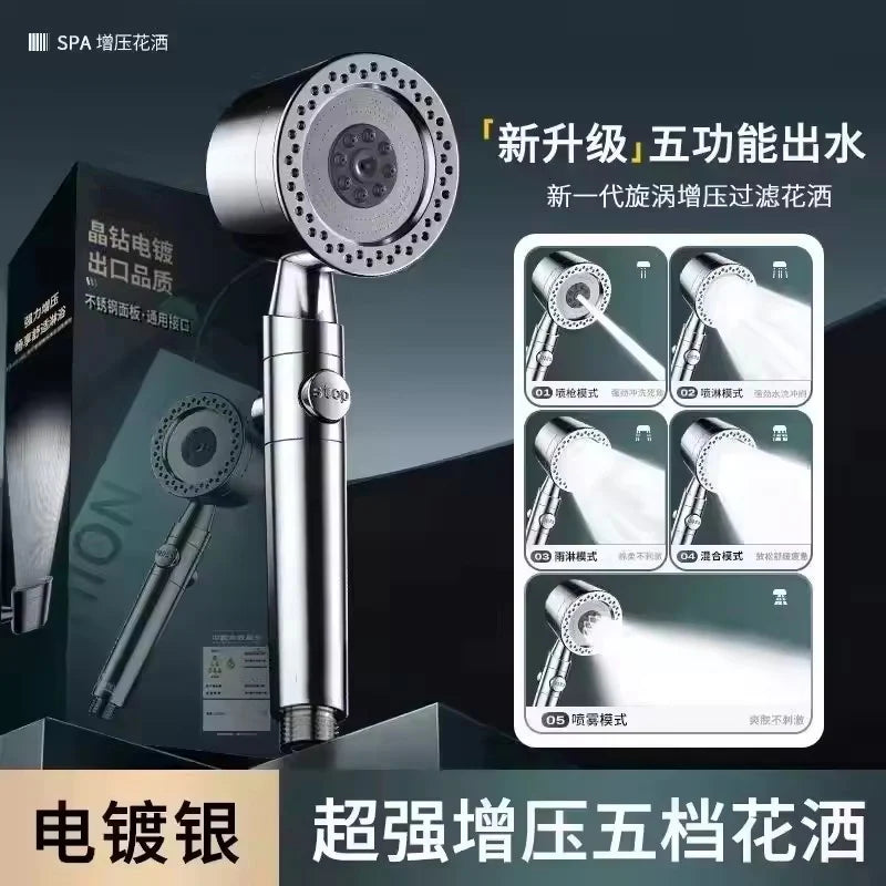 New High Pressure Water Saving Filter Shower Head 5 Modes Handheld Shower Head One Button Stop Bathroom Accessories Set Oasis Select Sliver Shower