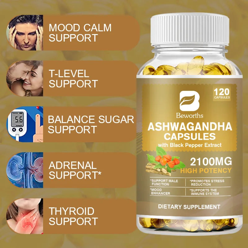 BEWORTHS Ashwagandha Root Extract Capsule Help Sleep Improve Sleep Quality Calm Down Emotions Relieve Anxiety Mood Health Oasis Select