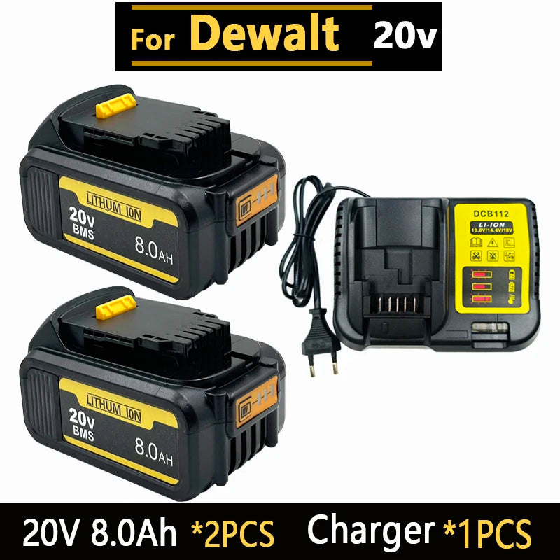 [Battery + Charger Set] 18-20V 6.0Ah/8.0Ah/12.0Ah Lithium Battery for DEWALT 20V MAX XR, DCB207 DCB205 DCB206, Oasis Select 20V 2PCS 8.0Ah-EU