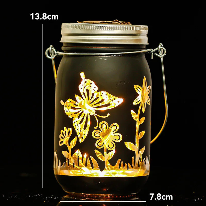 Carved Solar-powered Mason Bottle Garden Decoration Outdoor Courtyard Hanging Light Creative Atmosphere Portable Night Light Oasis Select butterfly