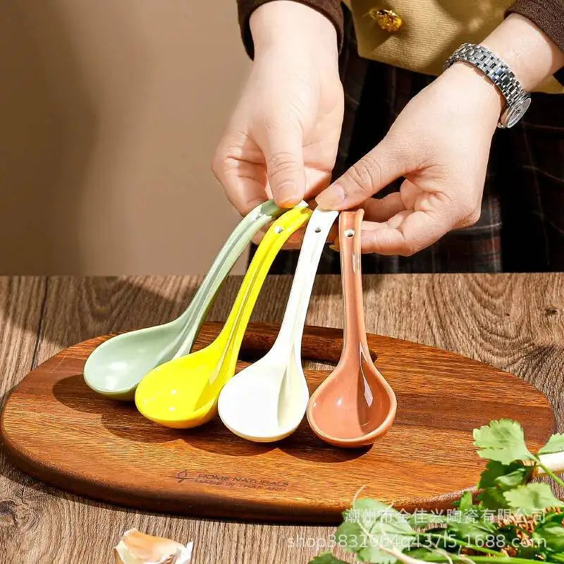 Japanese Underglaze Ceramic Soup Spoon, Everyday Ceramic Soup Spoon Ramen Long-handled Curved Spoon Tableware Oasis Select