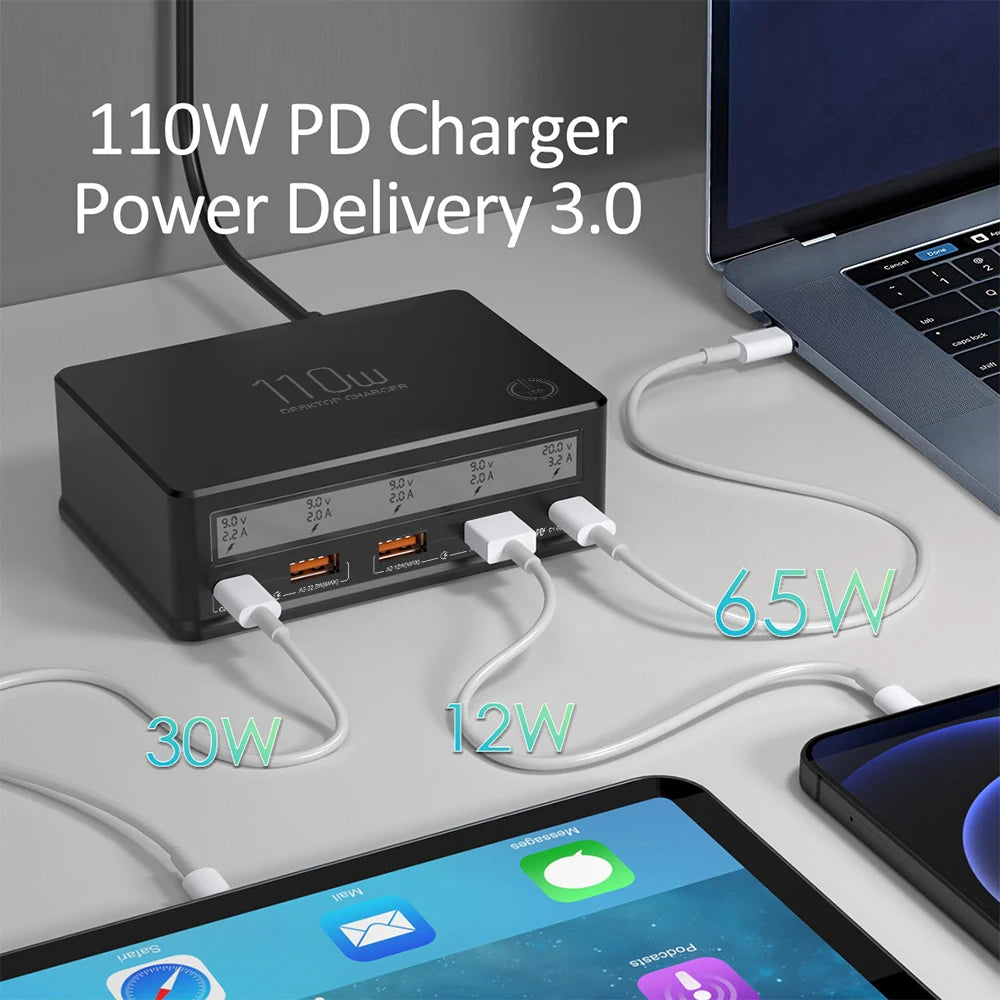 USB Wall Charger 110W 5-Port USB Charging Station Multi Port USB Hub Charger Compact Size LCD Display Compatible with Smartphone Oasis Select