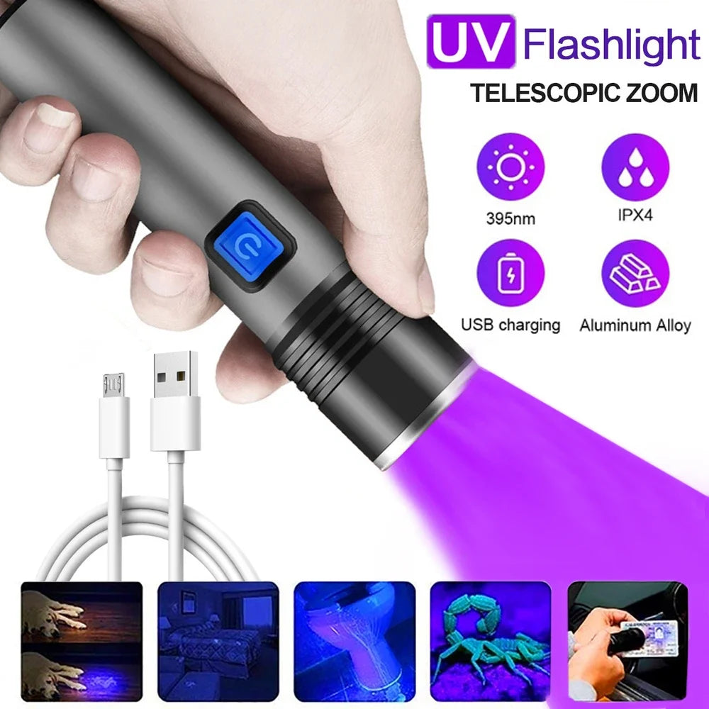 UV 395NM Flashlight Rechargeable UV Zoomable Torch 3 Modes Camping Ultraviolet Flashlights for Pet Stacks Fluorescent Detection Oasis Select style1