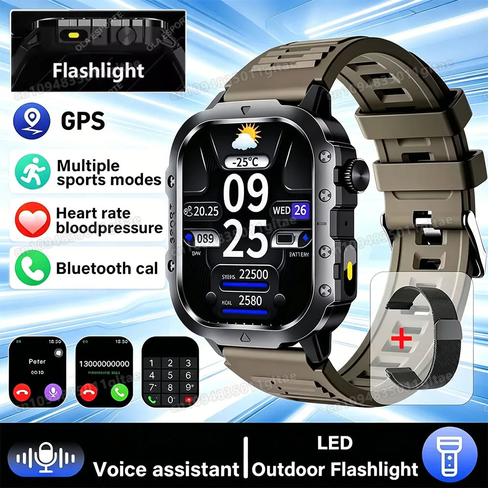 Military-Grade Smartwatch – Bluetooth Call, Flashlight & 100+ Sports