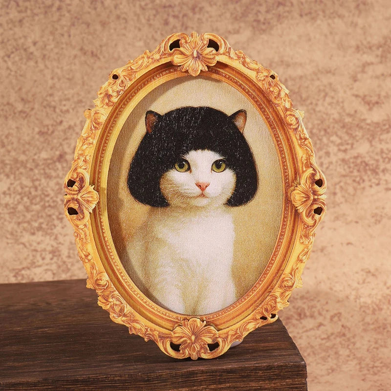 1Pc Mini Oval Retro Wooden Photo Frame Fridge Magnet Funny Cat & Haircut Modern Kitchen Decor Durable Refrigerator Ornament Oasis Select A2