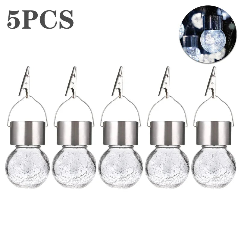 1/3/5PCS Solar Powered Outdoor Hanging Lights Colorful LED Cracked Glass Ball Design Waterproof Pathway Lantern for Garden Decor Oasis Select White-5PCS