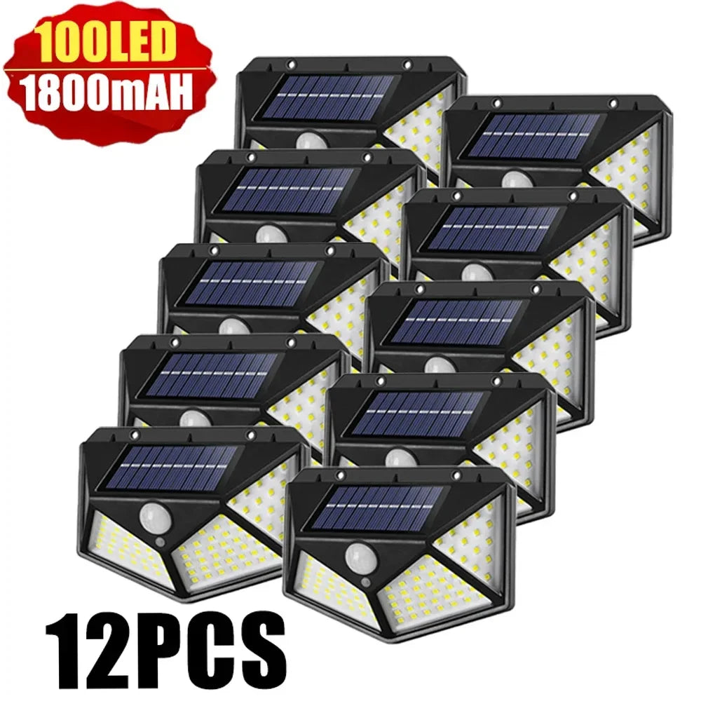 1~12PCS 100 LED Solar Wall Lamp 4 Sides Luminous With Motion Sensor Outdoor Garden Courtyard Waterproof Wall Light Oasis Select 100LED 12pcs 100LED