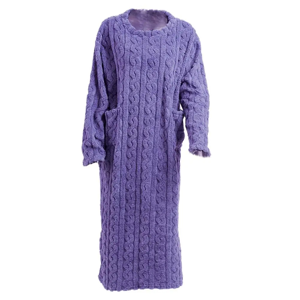 Winter Warm homewear Long Sleeve Double Pocket Flannel Nightgowns Women Loose Solid Sleepwear Jacquard Night Dress Thickened Oasis Select One size Blue