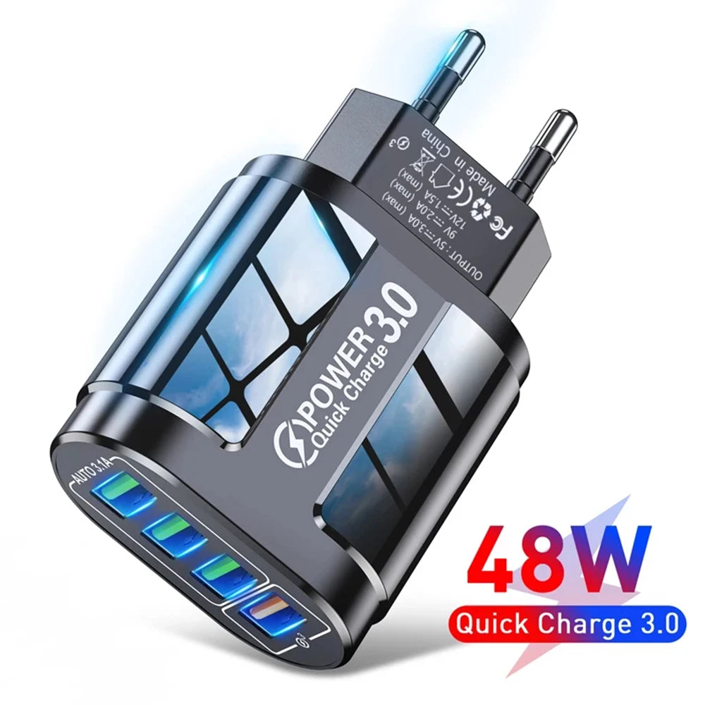 48W QC3.0 Quick Charger 4USB EU Standard Travel Portable 4 Port Fast Charging Suitable For Android iPhone Xiaomi Other Devices Oasis Select