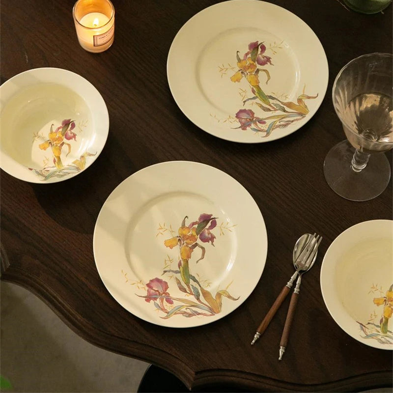 Ceramic Dinner Plate Set French Iris Dessert Bowl Dishes Soup Plate Breakfast Flat Plate Home Kitchen Gourmet Container Oasis Select