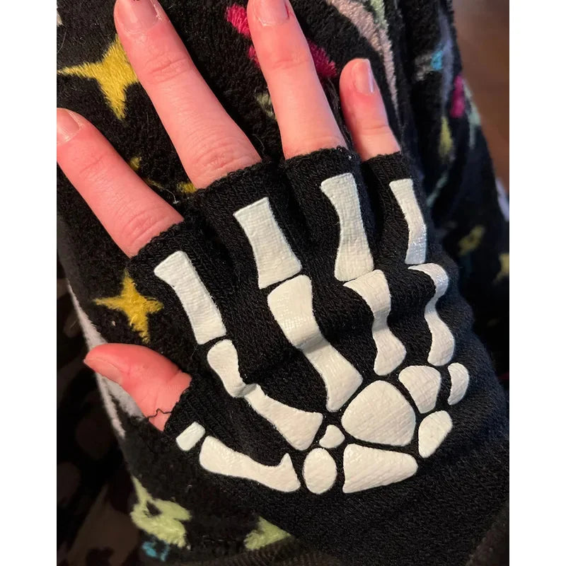 1/3/6Pairs Unisex Adult Halloween Skeleton Skull Half Finger Gloves Glow In The Dark Fingerless Stretch Knitted Winter Mittens Oasis Select