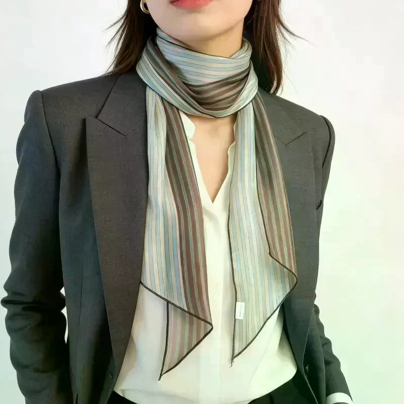 Striped Silk Scarf Women Lightweight Breathable Fashion Neck Head Scarf Daily Office Travel Beach Accessory Office Daily Wear Oasis Select