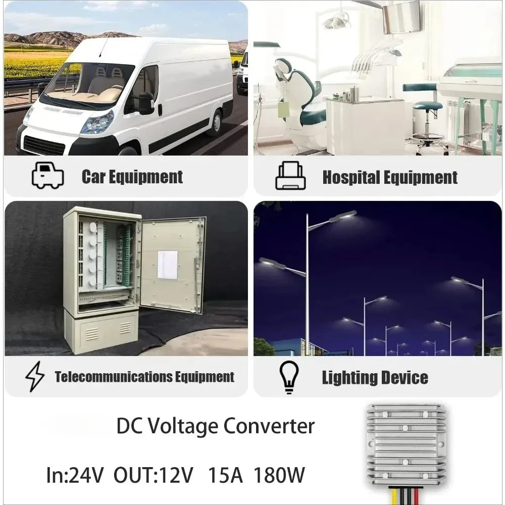 DC 24V to 12V Step Down 15A 180W Power Supply Adapter Converter Reducer Regulator for Auto Car Truck Vehicle Boat Solar System Oasis Select