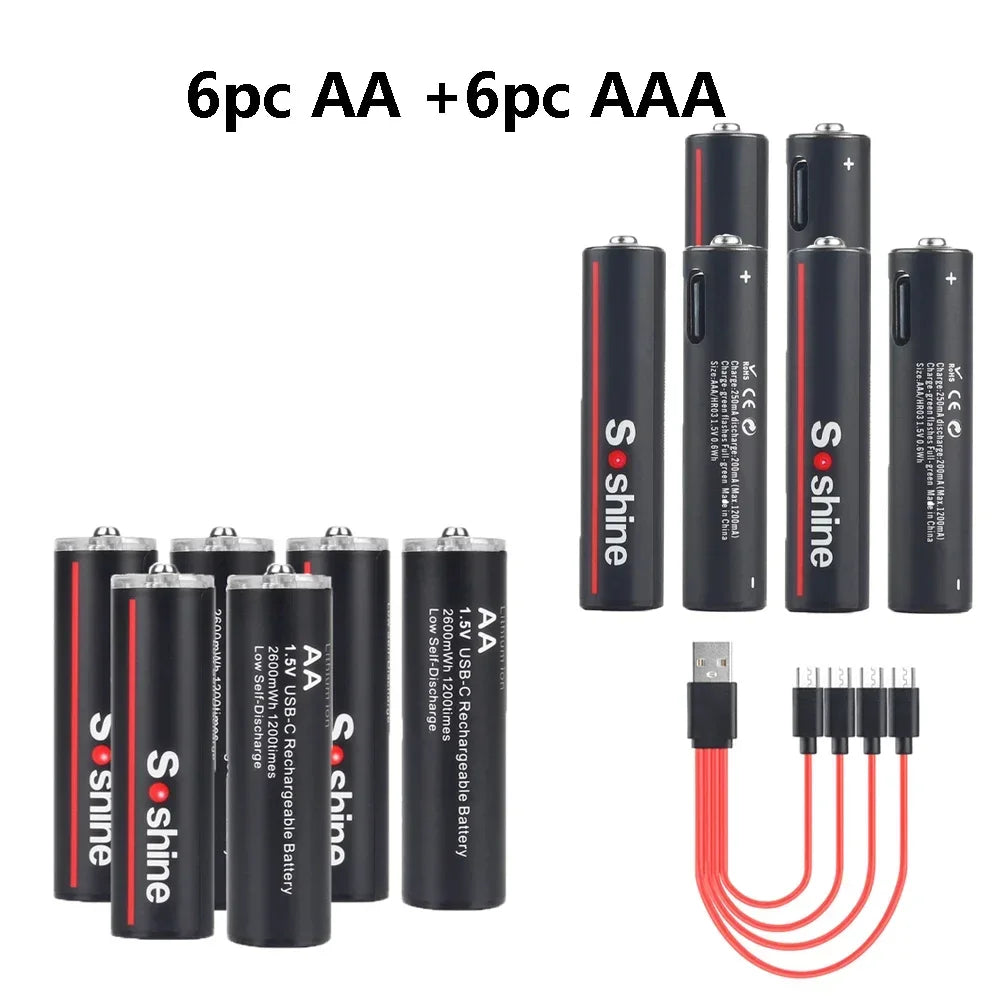 Soshine USB Lithium-ion 600mWh 1.5V AAA Rechargeable Batteries+2600mWh 1.5V AA Battery Li-ion AA and AAA Rechargeable Batteries Oasis Select 6pc AAAand AA 1.5V