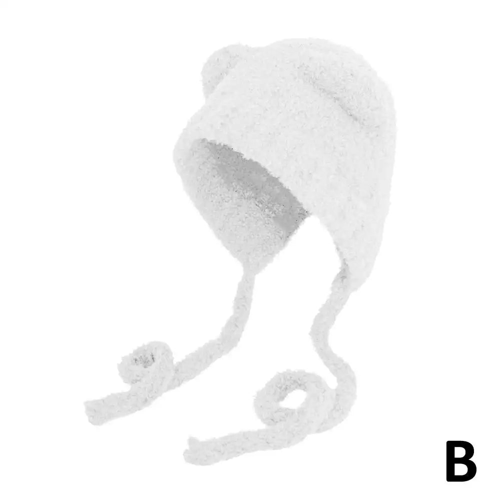 NEW Winter Plush Beanies Cute Bear Ear Wool Hat for Women Girls Cute Ear Muffs Windproof Knitted Cap For Cold Weather Oasis Select White One size