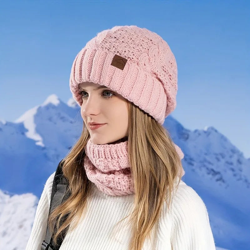 1pc Thickened Winter Hat and Scarf Set, Ear Protection Beanie & Shawl for Men Women, Unisex Couple Cold Weather Gear,Christmas Oasis Select pink