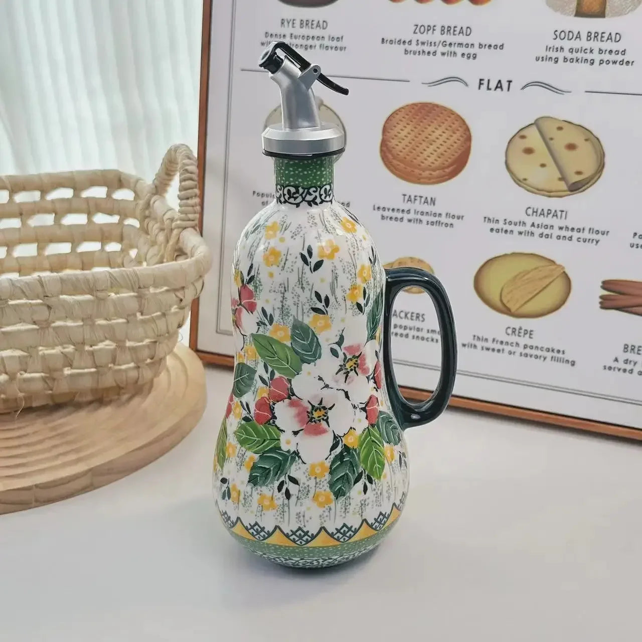 Flowers Plants Ceramic Olive Oil Bottle Soy Sauce Vinegar Multifunctional Kitchen Seasoning Drainage Bottle Kitchen Accessories Oasis Select 1