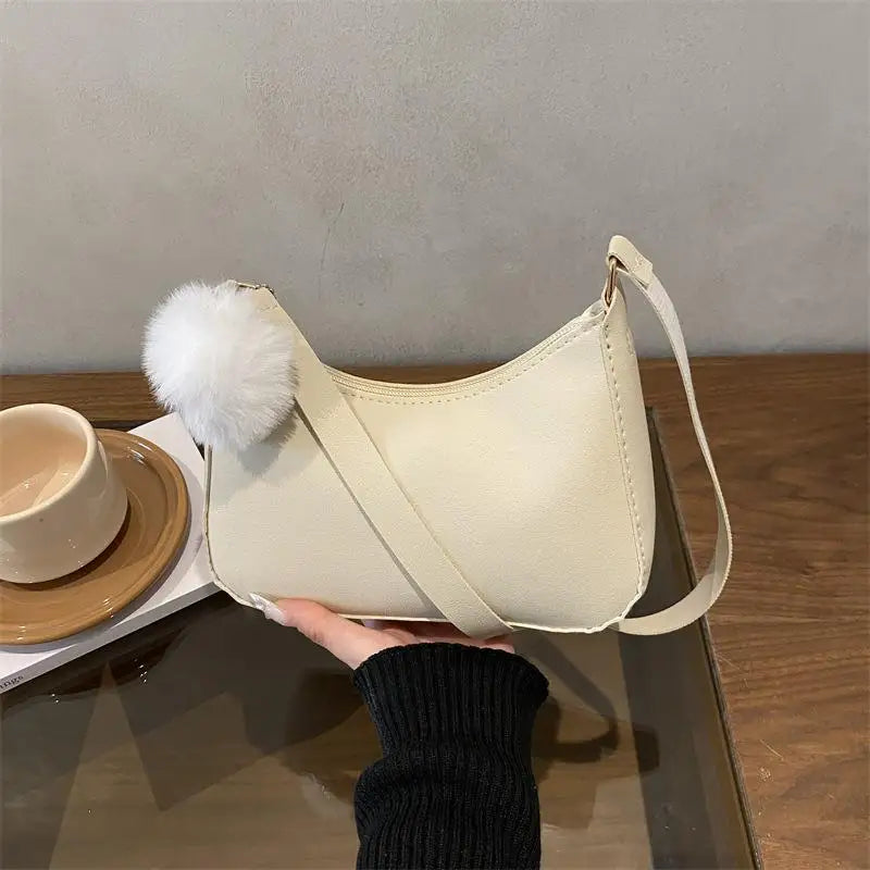 Women's PU Leather Hobo Shoulder Bag with Pom-Pom Charm
