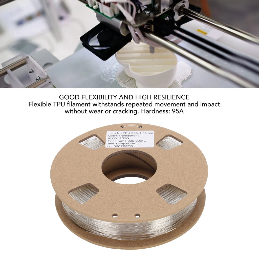 3D Printer Filament TPU Filament 1.75mm 95A 250g High Elasticity Flexible 3D Printer Filament for Most 3D Printers Transparent Oasis Select