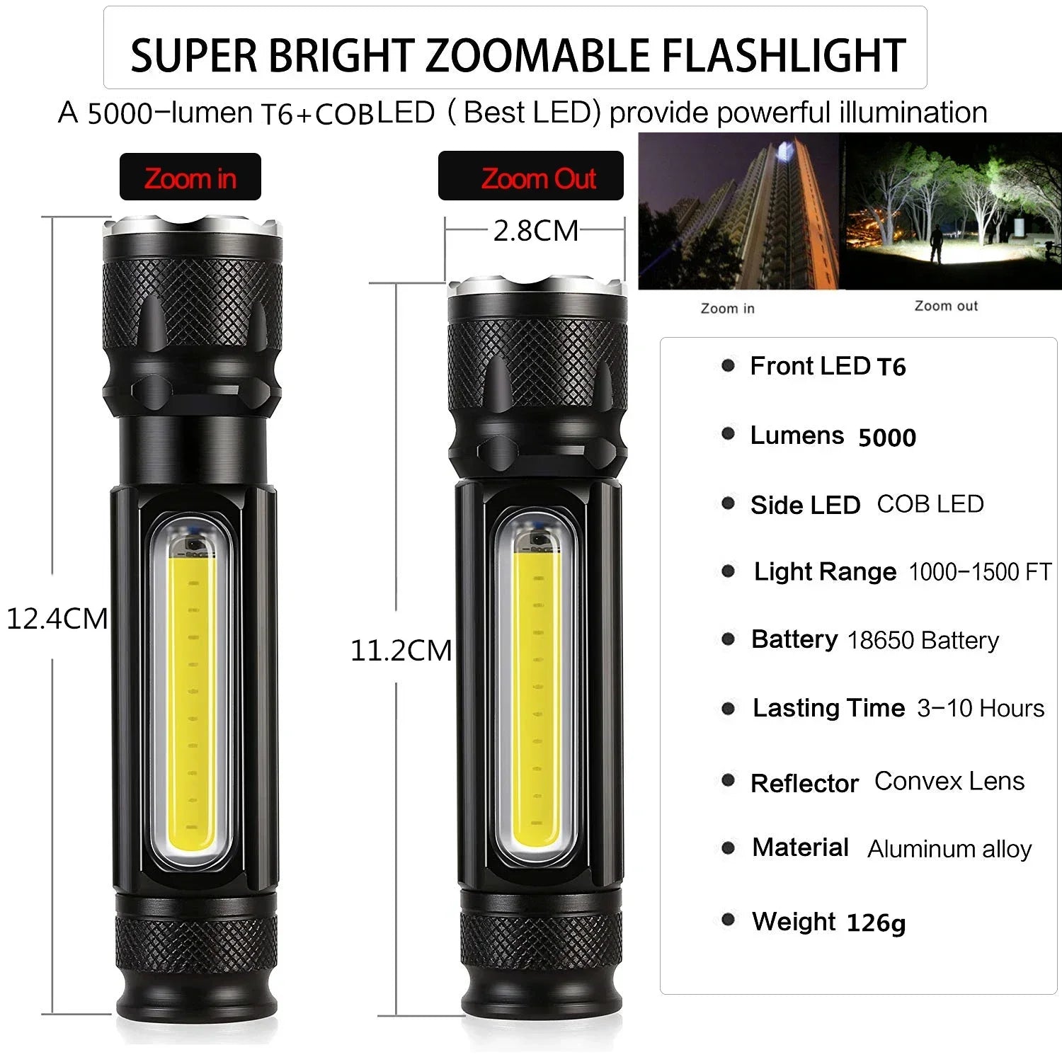 USB Rechargeable Flashlights with COB Side Light High Power LED Flashlight Outdoor Emergency Light Torch with Built-in Battery Oasis Select