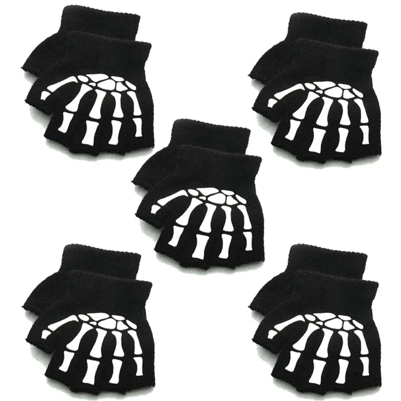1/3/6Pairs Unisex Adult Halloween Skeleton Skull Half Finger Gloves Glow In The Dark Fingerless Stretch Knitted Winter Mittens Oasis Select 02-5pairs