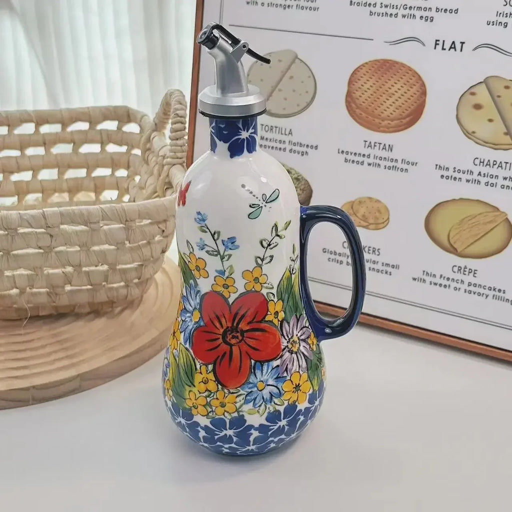 Flowers Plants Ceramic Olive Oil Bottle Soy Sauce Vinegar Multifunctional Kitchen Seasoning Drainage Bottle Kitchen Accessories Oasis Select 2