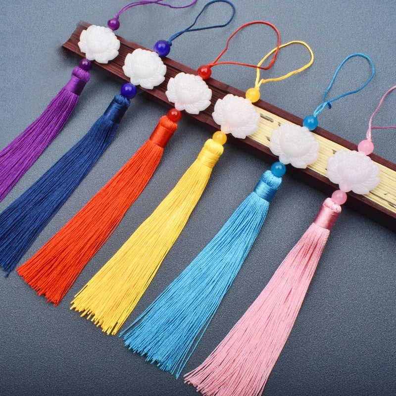 1 Pcs White jade lotus Fringe Trim Bookmark Silk Tassels Pendant DIY Sewing Curtains Accessories Clothes Bag Craft Supplies Oasis Select