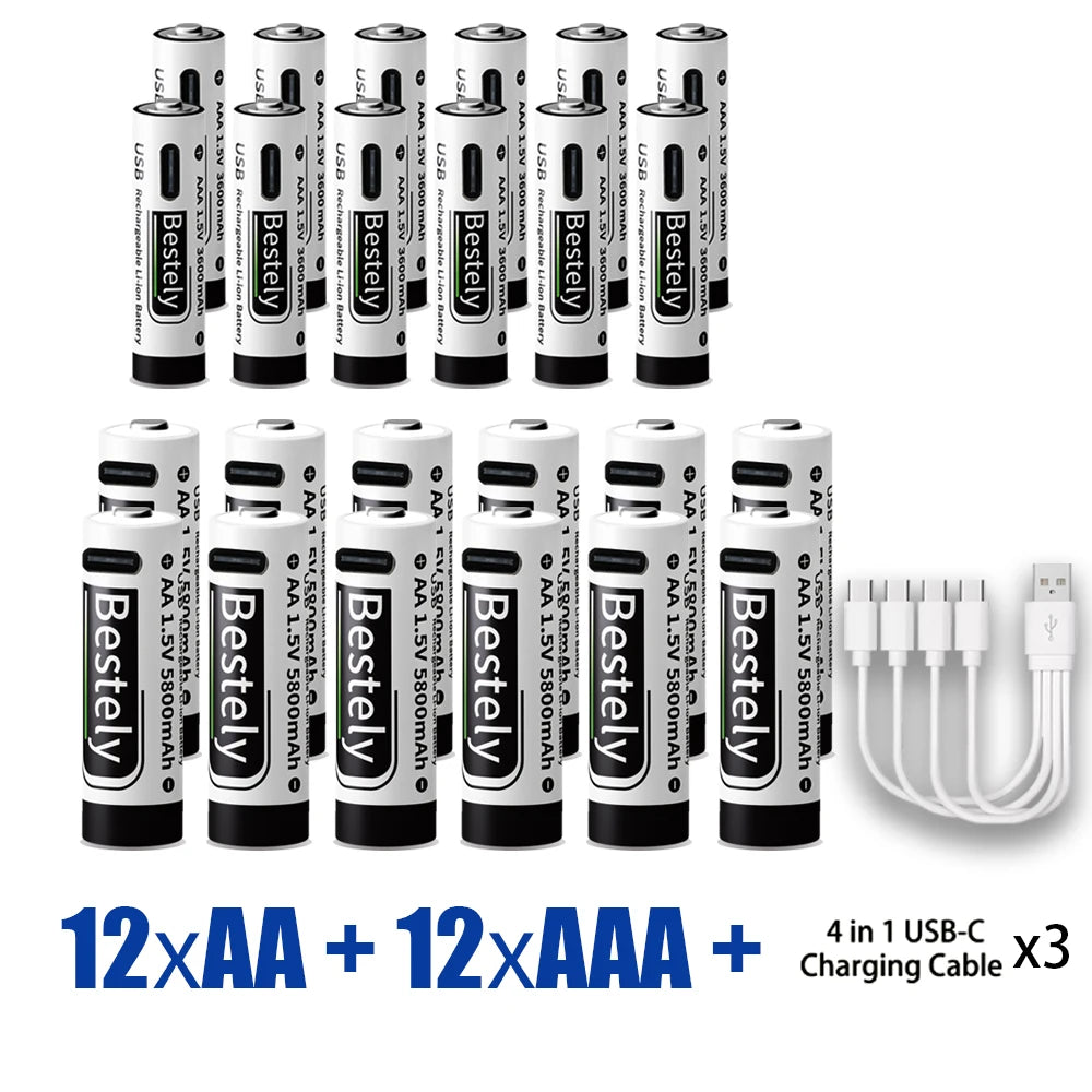 AA+AAA Rechargeable Batteries 1.5V Li-ion Battery Long-Lasting High Capacity Lithium, 2000 Cycle with Free USB-C Cables Oasis Select 12AA 12AAA
