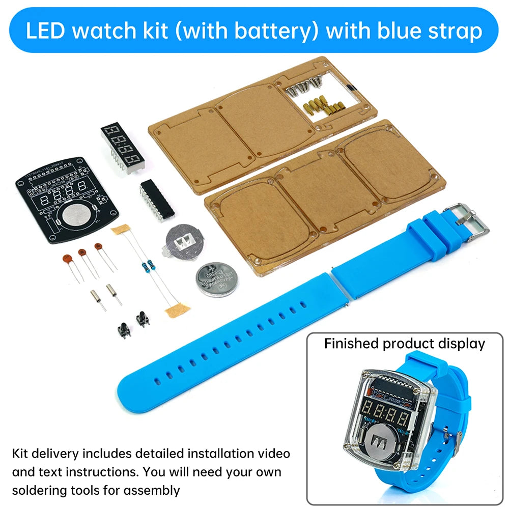LED DIY Electronic Watch Kit Digital Tube Clock Accessories Soldering Assembly Electronic Silicone Watch Oasis Select Blue