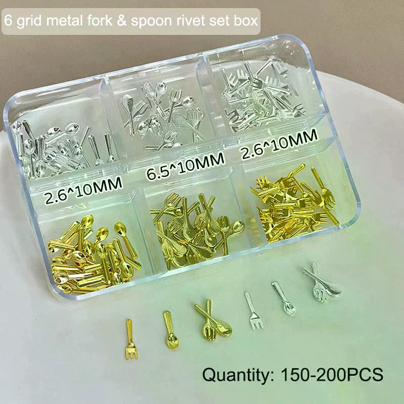 6 Grids/Box Mix Gold Silver Mini Forks Spoons Tableware Alloy Nail Art Rhinestones Decorations Manicure Cure Charms Accessories Oasis Select