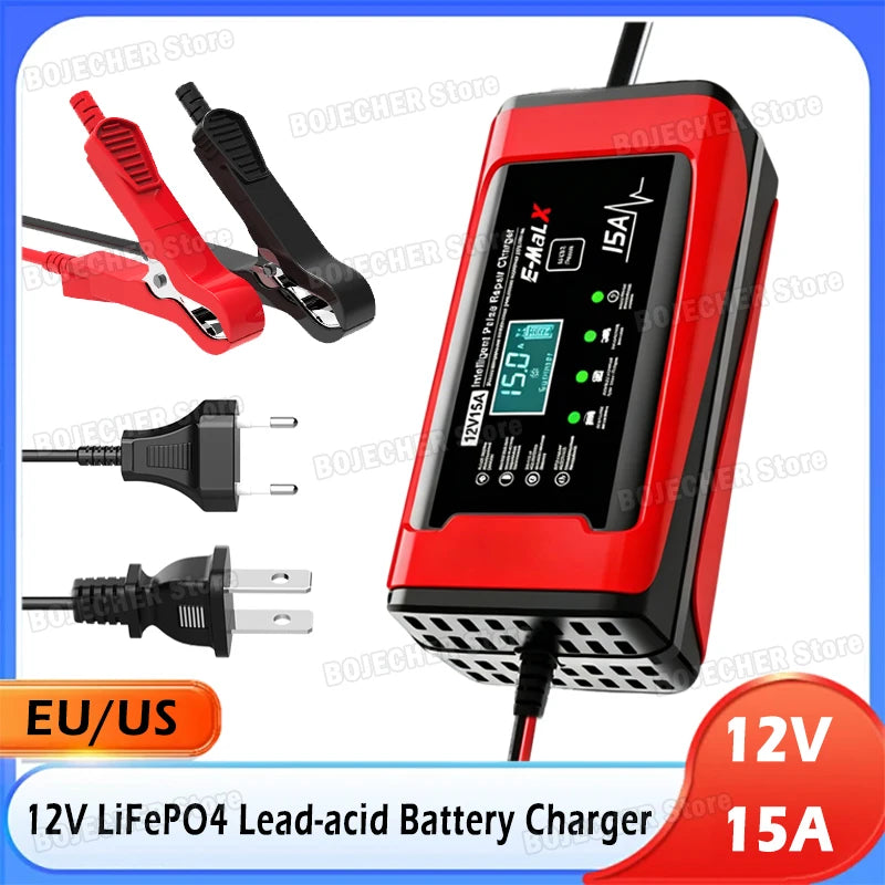 12V 15A Smart Pulse Repair Charger 14.6V Lifepo4 Battery Charger Digital Display Battery Charger For Lead Acid AGM GEL Battery Oasis Select