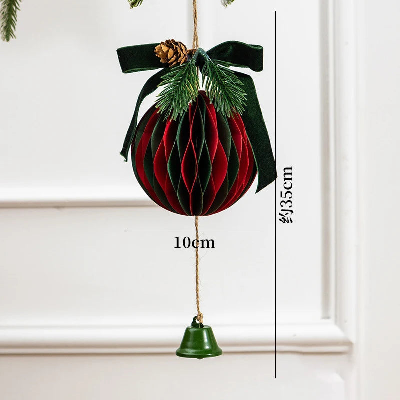Christmas Honeycomb Bell Ornament – Paper & Velvet Hanging Decor