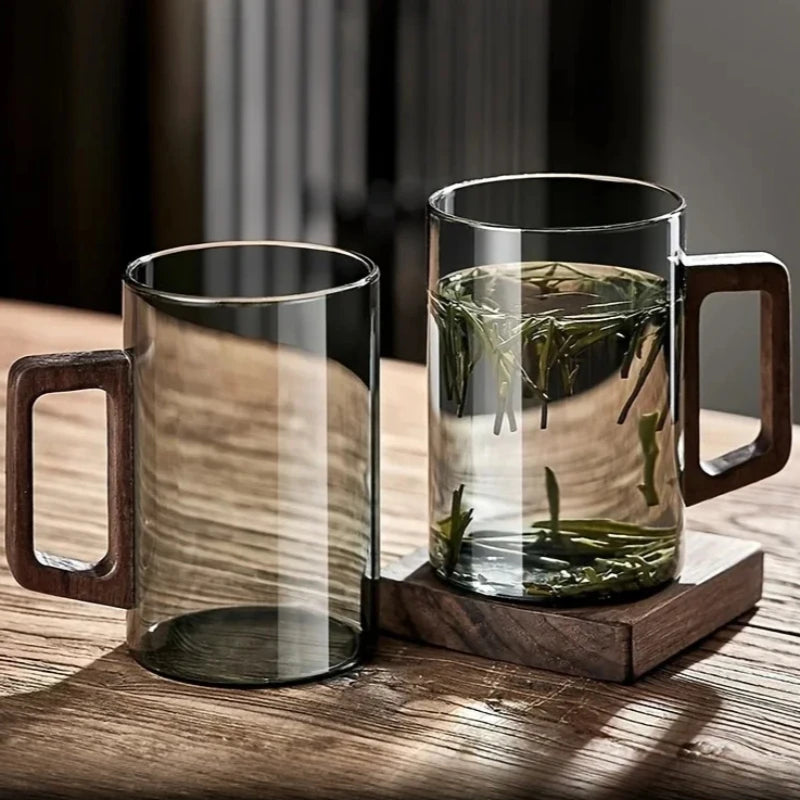 1/2pcs 400ml Glass Cups with Walnut Handle Household Heat-resistant Mug Large Capacity Tea Making Cup Office Drinking Glasses Oasis Select