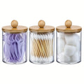 3 Pack Cotton Swab Organizer with Bamboo Lids - 10 oz Clear Plastic Apothecary Jar Containers for Vanity Makeup Organizer Oasis Select 3pcs