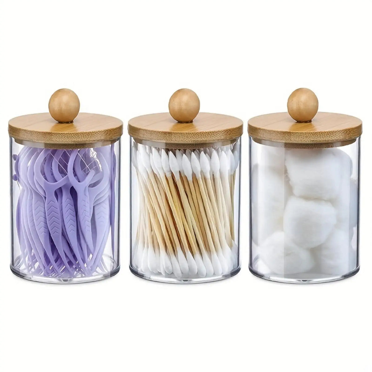 3 Pack Cotton Swab Organizer with Bamboo Lids - 10 oz Clear Plastic Apothecary Jar Containers for Vanity Makeup Organizer Oasis Select 3pcs