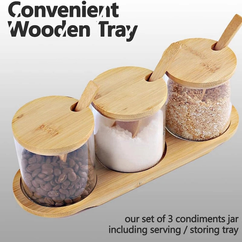 WISH Bamboo Condiment Container With Lid And Spoon-Condiment Box Set, Used To Store Condiments, Salt And Sugar. Oasis Select