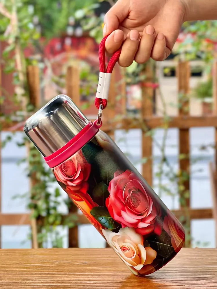 Retro Chinese Rose Printed Stainless Steel Insulated Cup Large Capacity Portable Car Insulated Water Cup Oasis Select