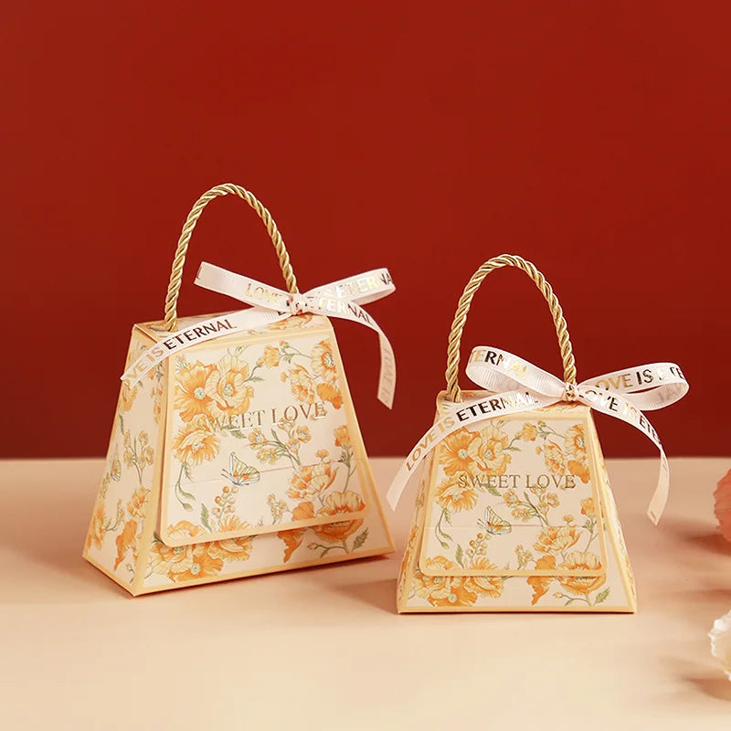 Wedding Candy Box Bow Ribbon Printing Flower Chocolate Cookie Party Supplies Gift Bag Kraft Paper Gift Packaging Box With Handle Oasis Select Champagne-L Other