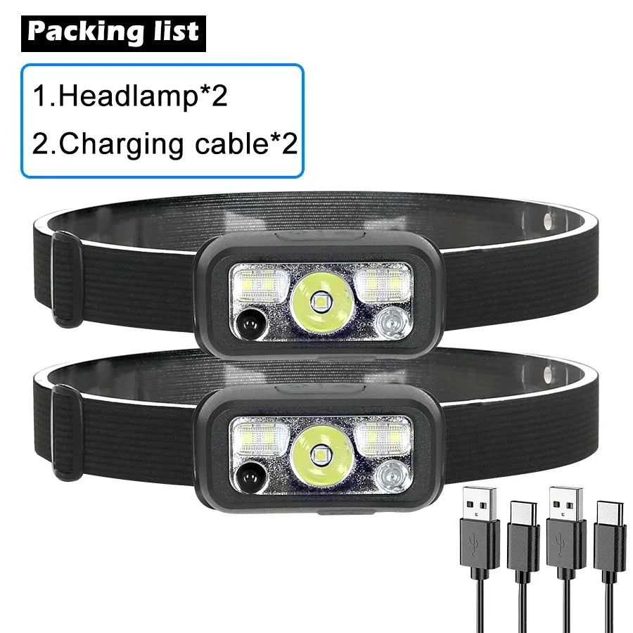 Powerful COB LED Sensor Headlamp USB Rechargeable Headlight with Built-in Battery 6 Modes Waterproof Outdoor Fishing Head Lamp Oasis Select 2PCS