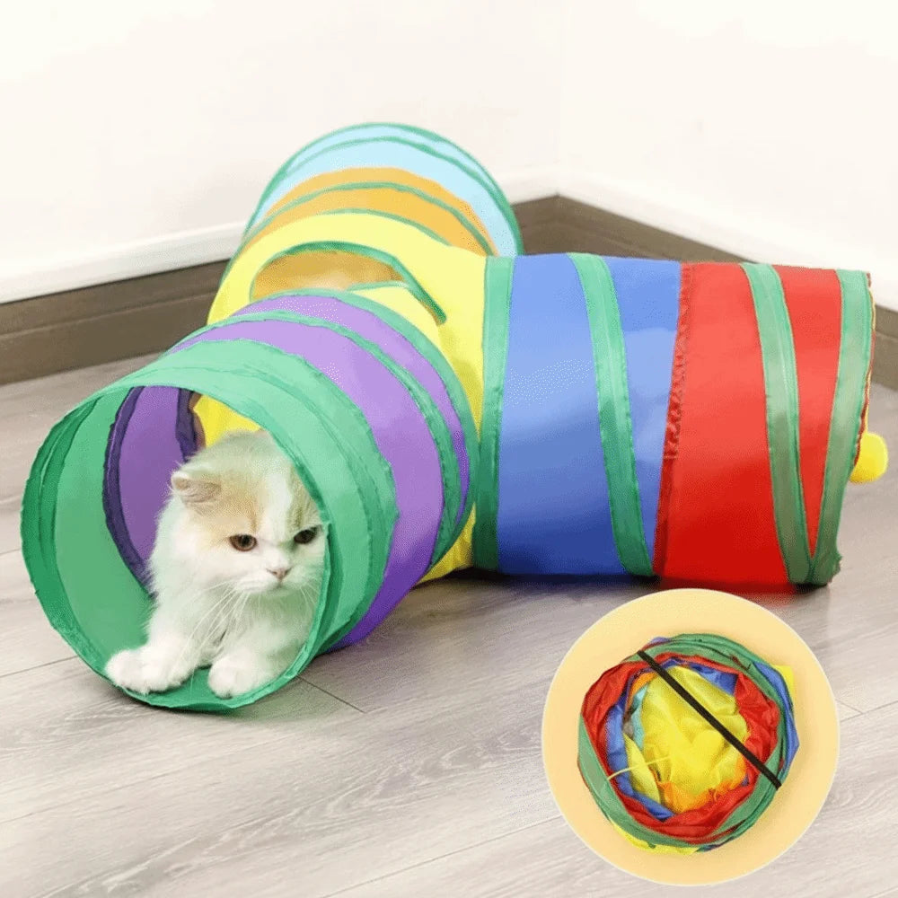 Colorful Folding Cat Tunnel with Ball – Interactive Pet Play