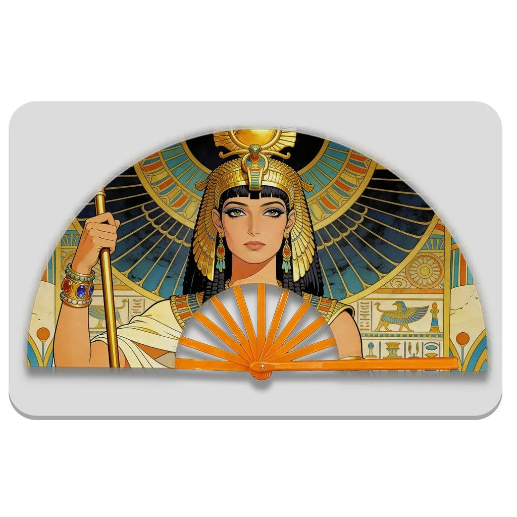 13" Egyptian Cleopatra Folding Fan - Plastic Rib Large Hand Fan for Cosplay, Ancient Egypt Party Decor & Summer Cooling Oasis Select Orange